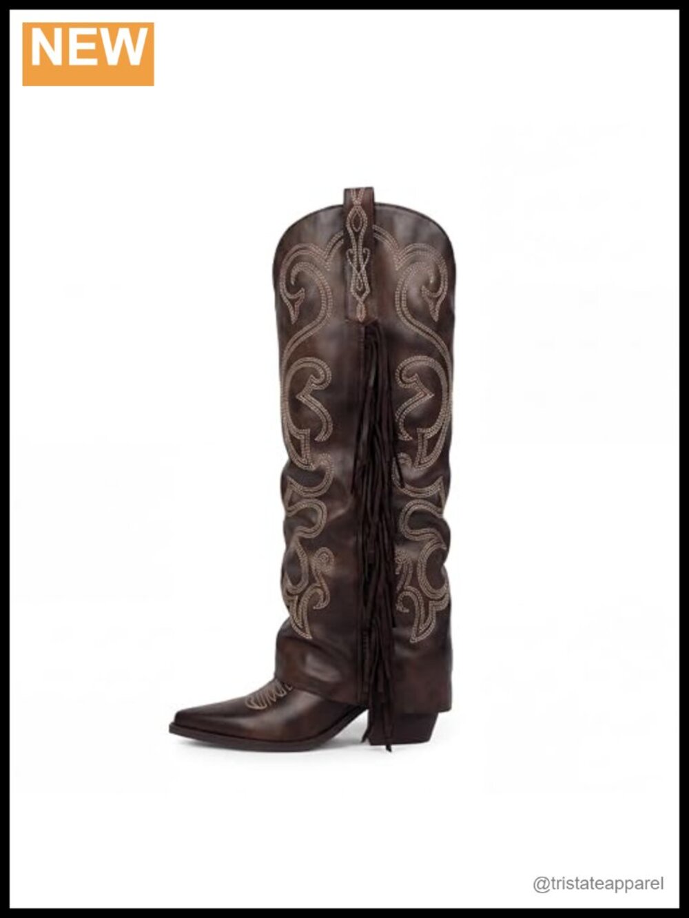 Faux Leather Fold Over Fringe Embroidered Knee High Cowboy Boots, Chunky Block